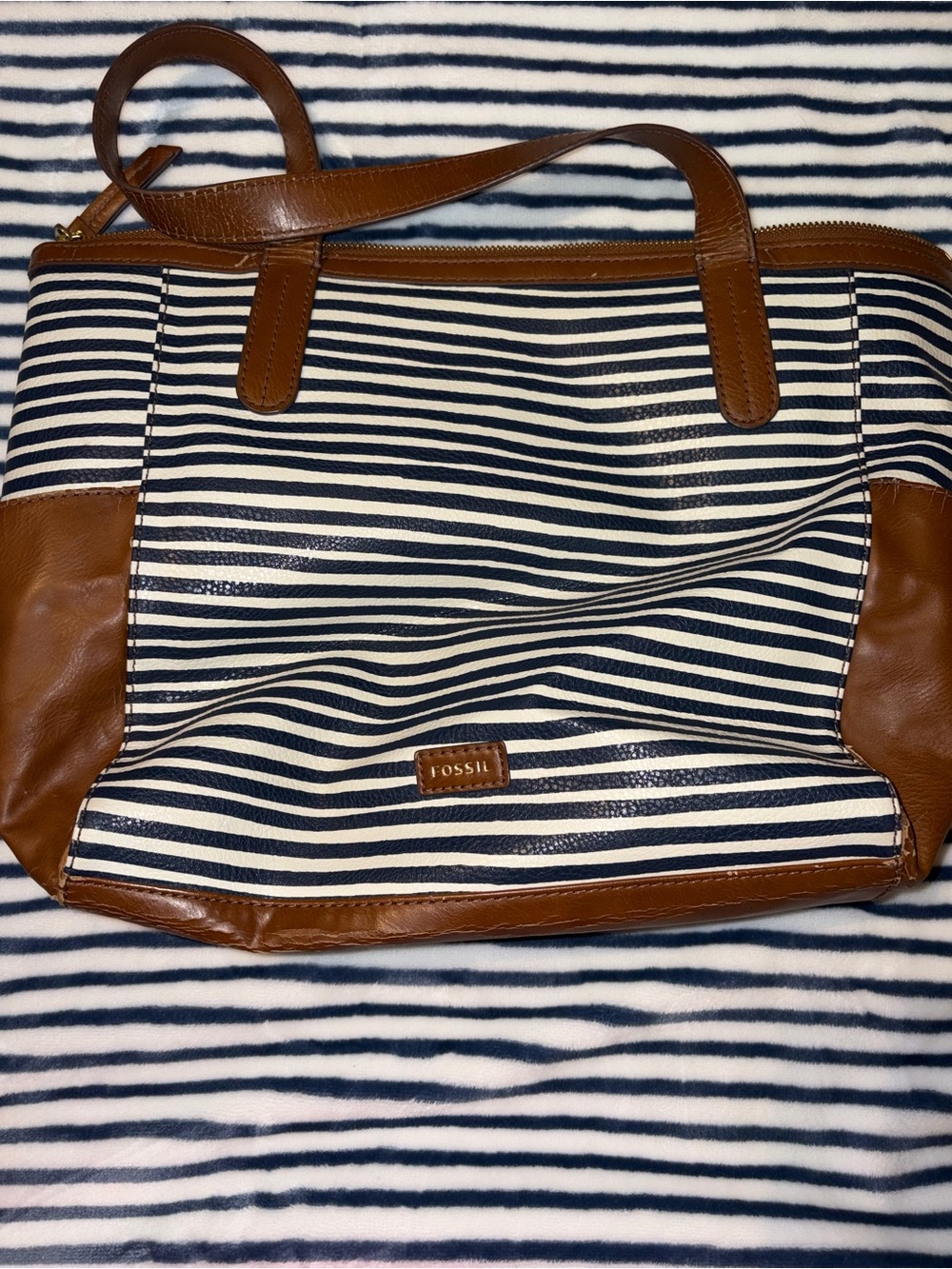 Fossil Navy and White Striped Tote with Brown Leather Trim